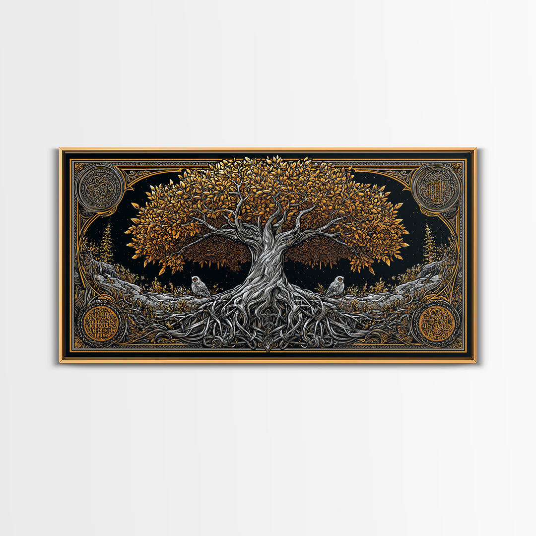Gold Ancient Tree Design with Owls, Ornate Border, Wood Framed Map Wall Art for Classic and Nature-Inspired Spaces