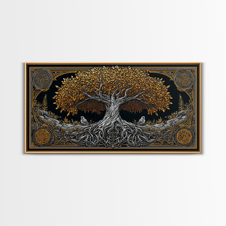 Gold Ancient Tree Design with Owls, Ornate Border, Wood Framed Map Wall Art for Classic and Nature-Inspired Spaces