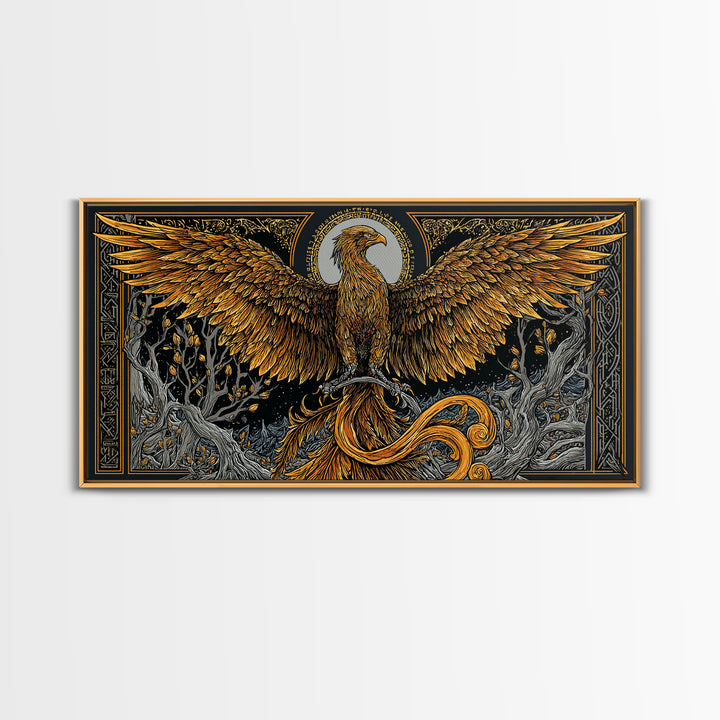 Gold Phoenix Rising Illustration, Majestic Wings, Wood Framed Map Wall Décor for Myth and Fantasy Art Lovers