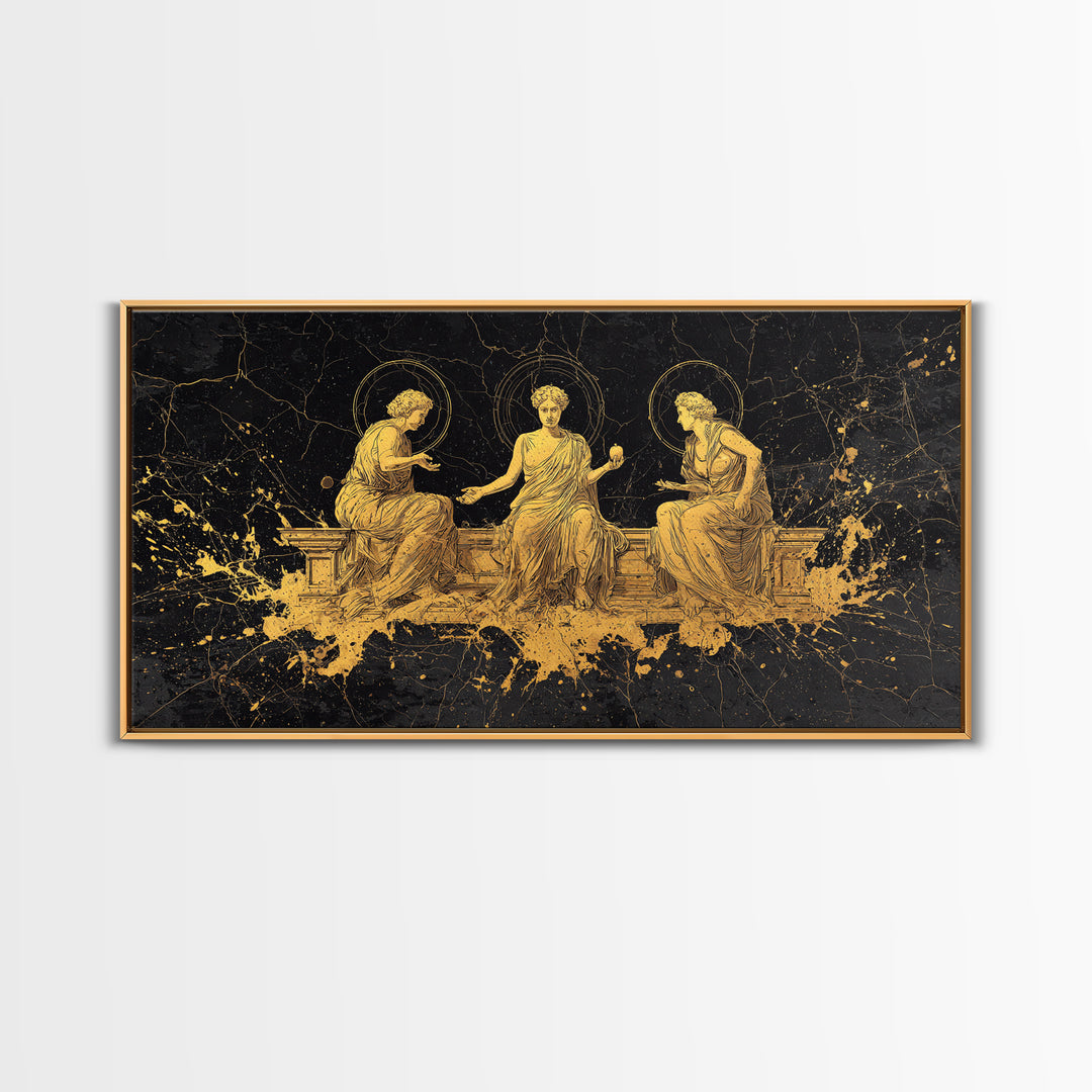Gold Greek Goddesses Seated in Elegant Marble Scene, Wood Framed Map Wall Décor for Classical Art and Mythology Lovers