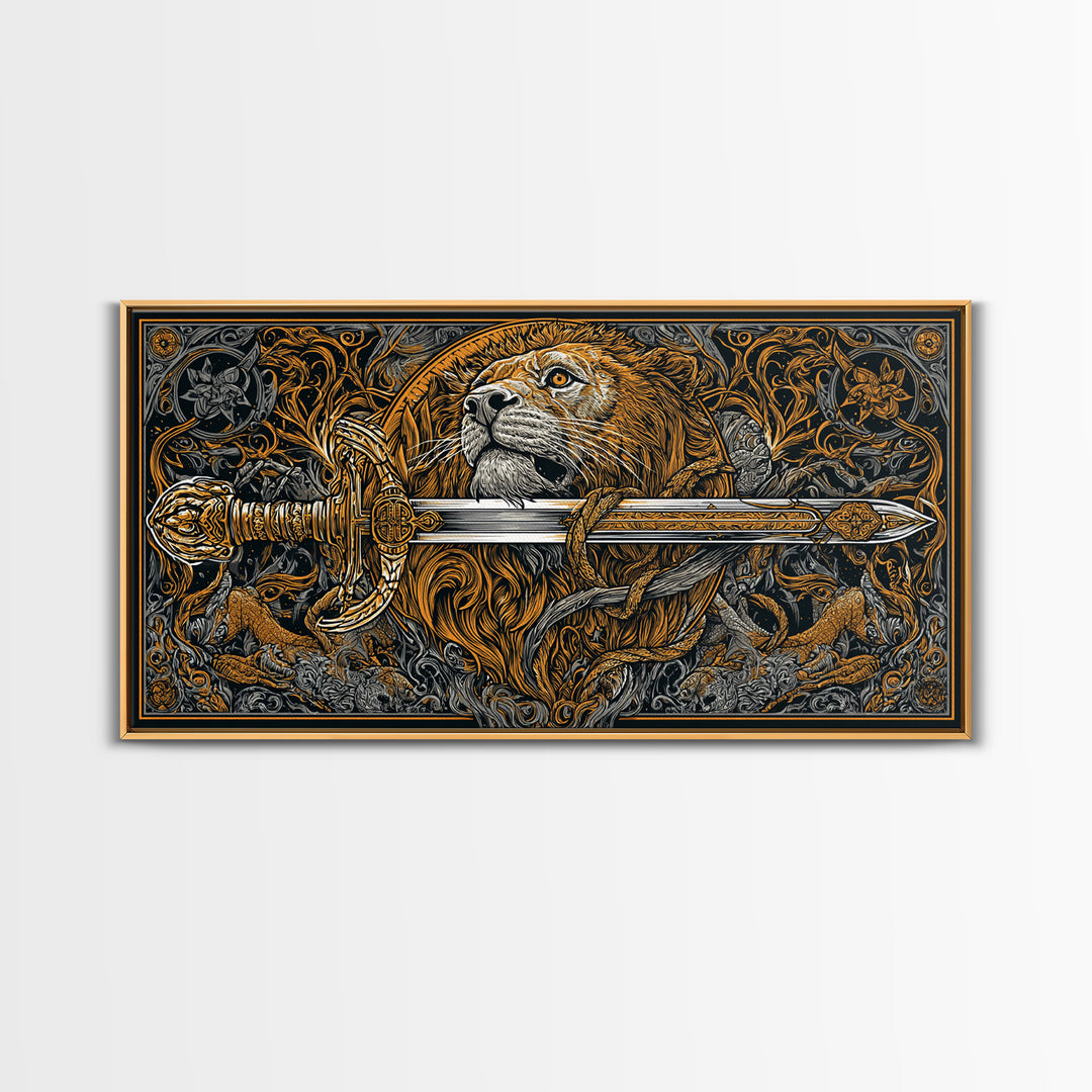 Gold Lion with Ornate Sword, Surrounded by Floral Designs, Wood Framed Map Wall Art for Strength and Courage Symbolism