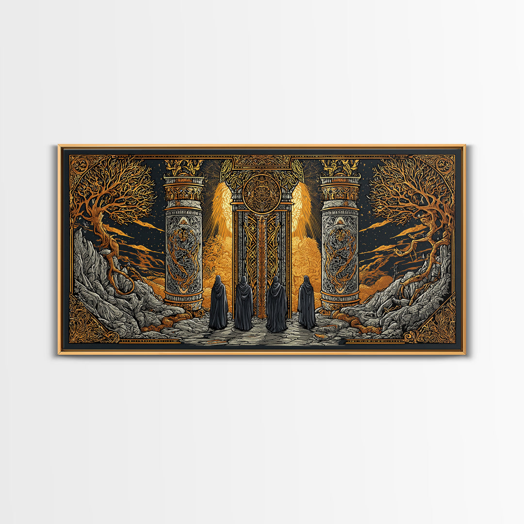 Gold Fantasy Portal Artwork, Glowing Pillars and Trees, Wood Framed Map Wall Décor for Magical and Epic Settings