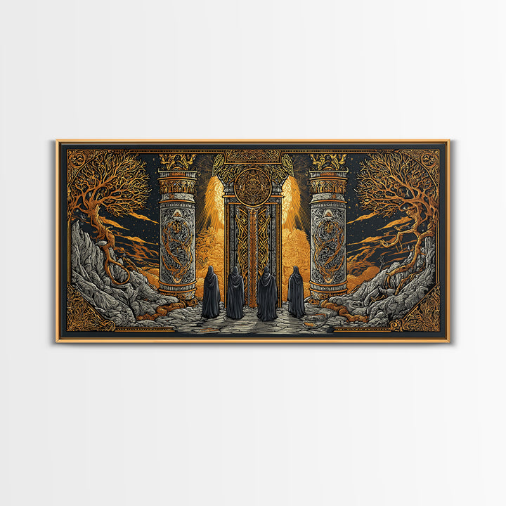 Gold Fantasy Portal Artwork, Glowing Pillars and Trees, Wood Framed Map Wall Décor for Magical and Epic Settings
