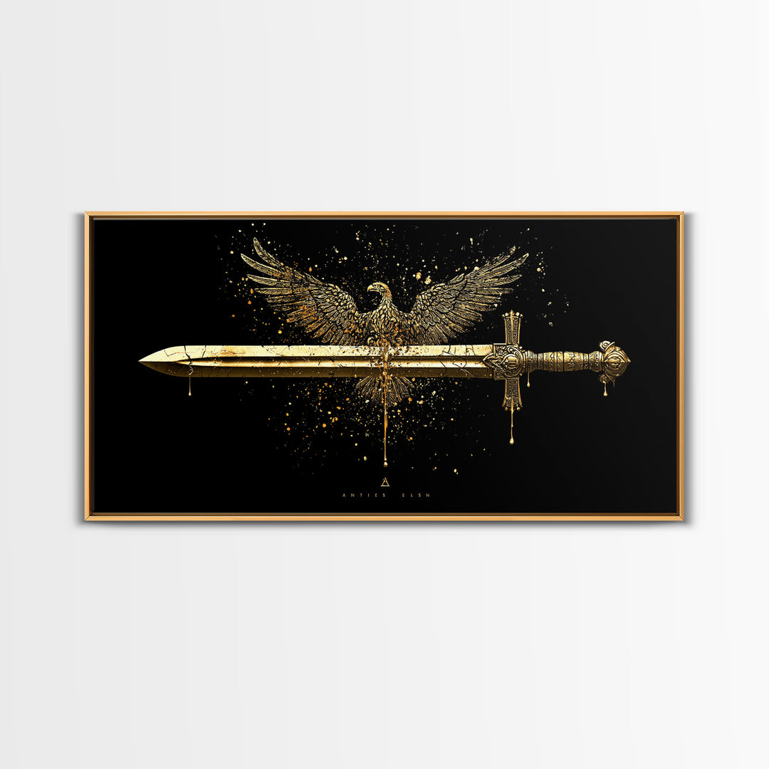 Gold Eagle and Sword Artwork, Splatter Effect Style, Wood Framed Map Wall Art for Power and Freedom Symbolism