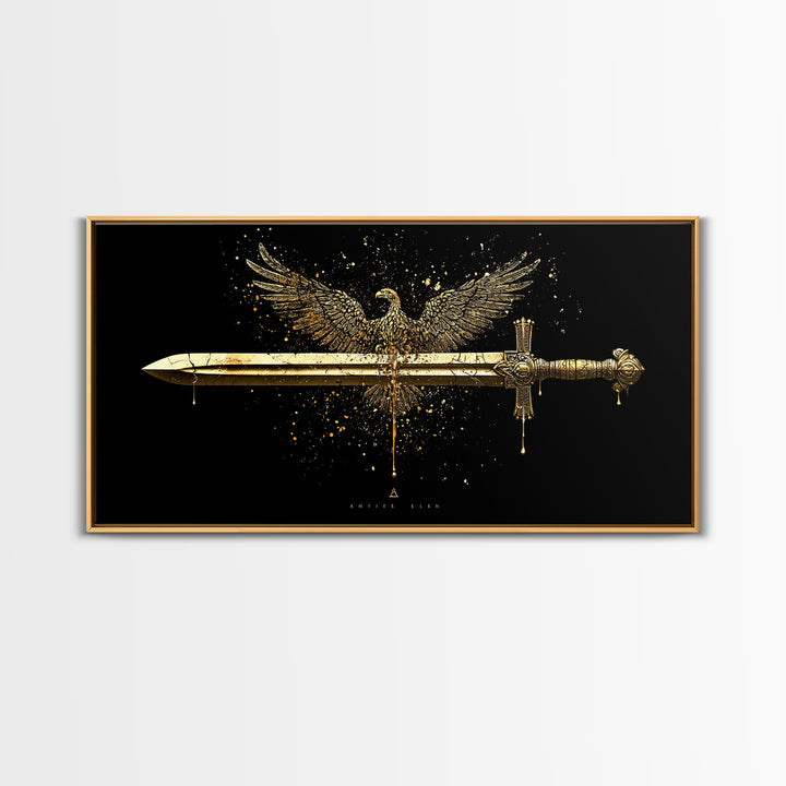 Gold Eagle and Sword Artwork, Splatter Effect Style, Wood Framed Map Wall Art for Power and Freedom Symbolism