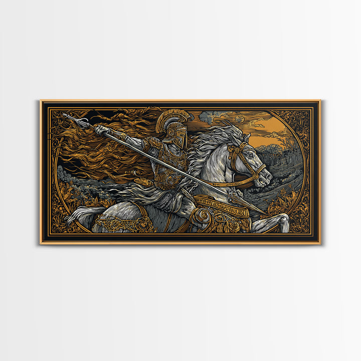Gold Canvas Print Spartan Warrior on Horseback, Flowing Mane and Spear, Wood Framed Map Wall Art, Ancient Battle, History Lovers