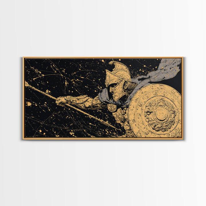 Gold Canvas Print Spartan Soldier with Shield and Spear, Splatter Background, Wood Framed Map Wall Art for Ancient Greece Enthusiasts