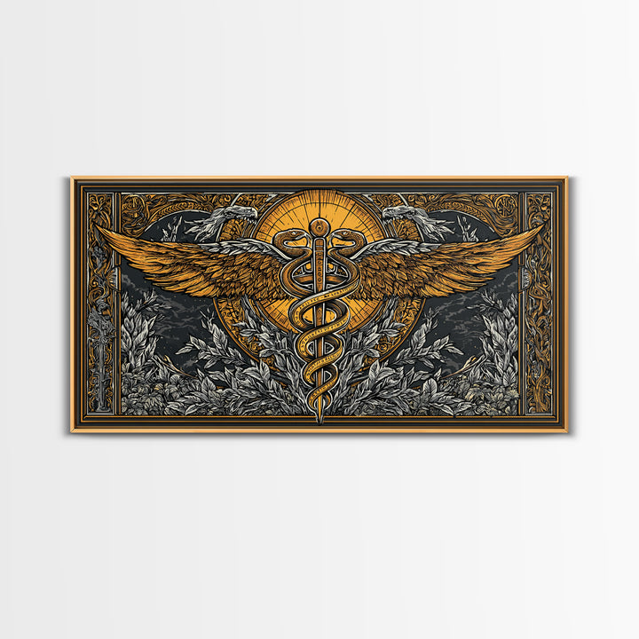 Gold Canvas Art Caduceus Symbol with Wings and Serpents, Ornate Frame, Wood Framed Map Wall Décor for Medical and Healing Symbolism Fans