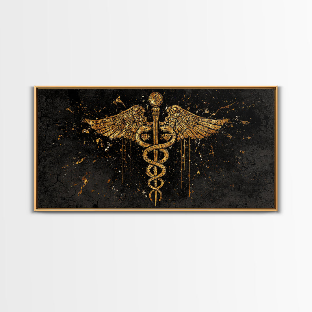 Gold Canvas Print Caduceus Splatter Effect Design, Ancient Script Wings, Wood Framed Map Wall Art for Medicine and Healing Iconography
