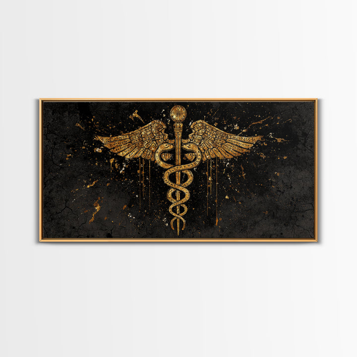 Gold Canvas Print Caduceus Splatter Effect Design, Ancient Script Wings, Wood Framed Map Wall Art for Medicine and Healing Iconography