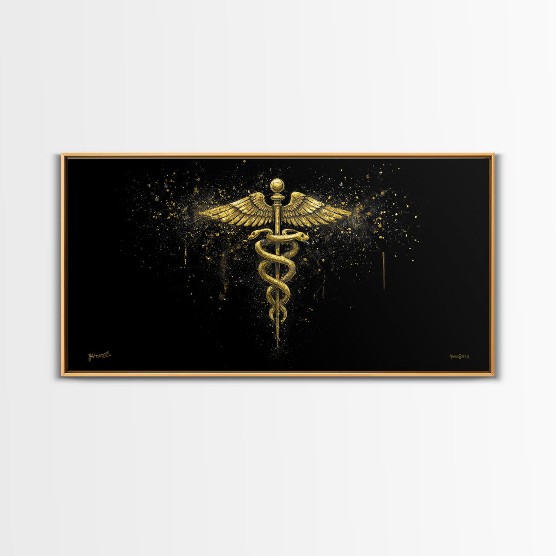 Gold Canvas Art Caduceus Medical Symbol, Splatter Background Art Style, Wood Framed Map Wall Décor for Healthcare, Classical Symbol Lovers
