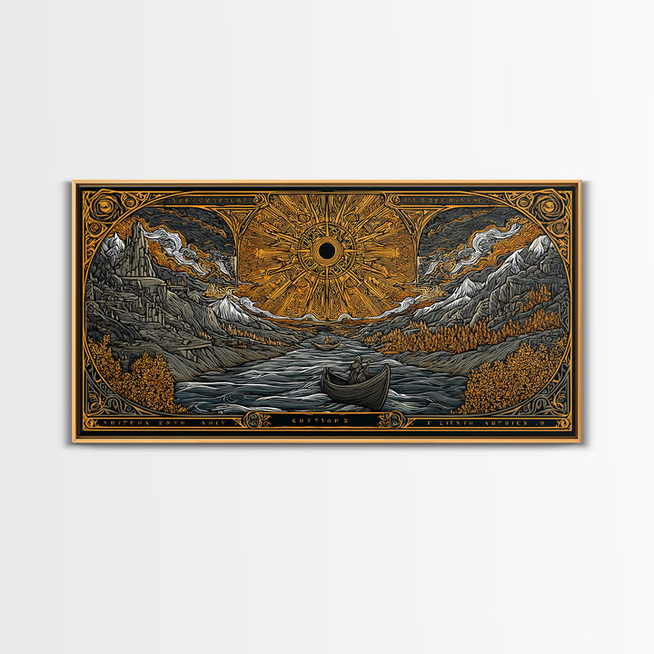 Gold Canvas Print Solar Eclipse Over Mountain Valley, Rowboats and Figures, Wood Framed Map Wall Art for Fantasy and Celestial Lovers