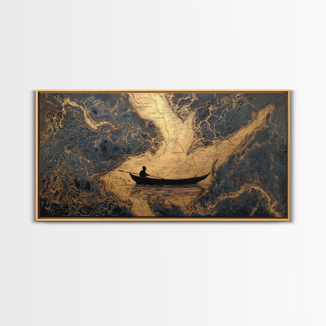 Gold Canvas Art Rowboat Silhouette Over Detailed Map Pattern, Reflective Water, Wood Framed Map Wall Décor, Nautical and Cartographic Fans