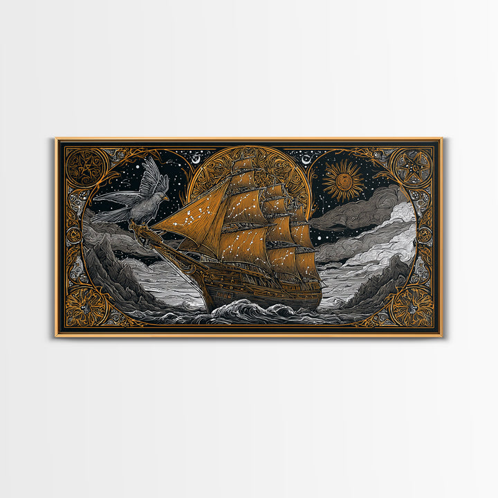 Gold Canvas Art Sailing Ship with Raven Figurehead, Starry Night and Waves, Wood Framed Map Wall Décor, Nautical and Mythic Voyage Lovers