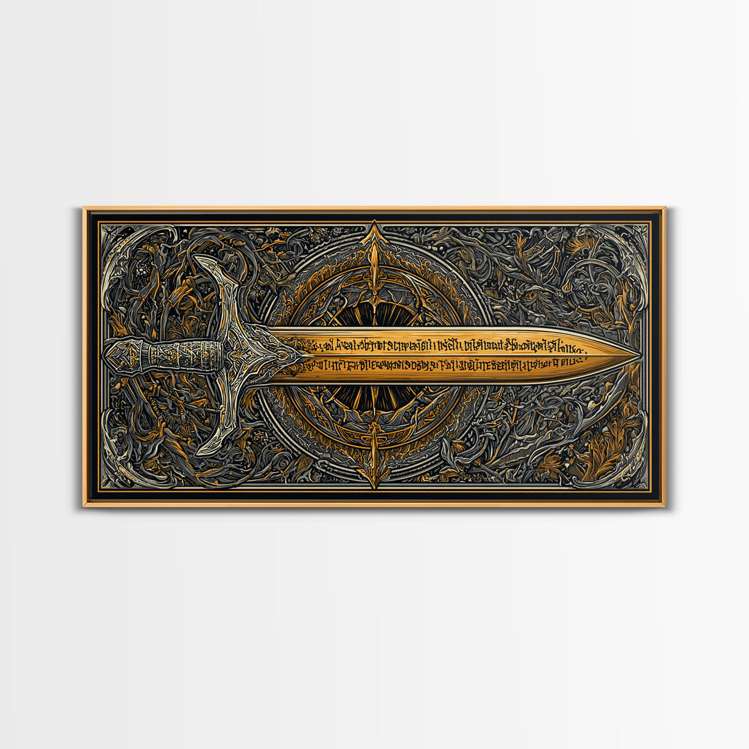 Gold Canvas Print of Ornate Sword and Compass Design, Engraved Blade and Decorative Frame, Wood Framed Map Wall Décor
