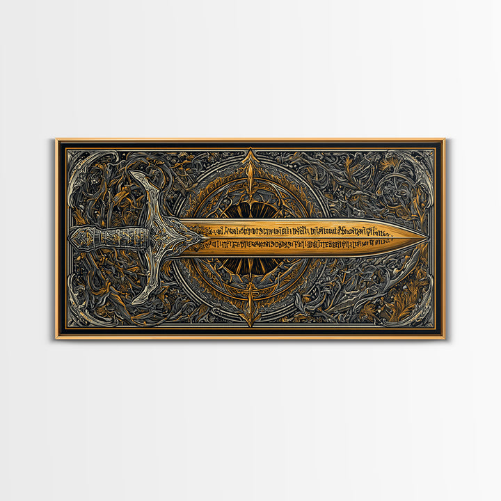 Gold Canvas Print of Ornate Sword and Compass Design, Engraved Blade and Decorative Frame, Wood Framed Map Wall Décor