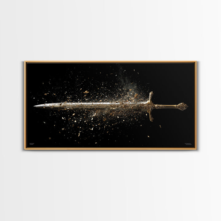 Gold Canvas Art of Shattering Sword in Mid-Air, Detailed Blade Explosion and Dark Background, Wood Framed Map Wall Art Display