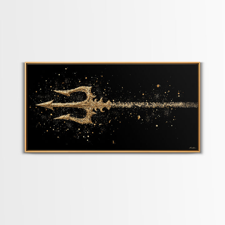 Gold Canvas Art of Decorative Trident in Motion, Splatter Effect on Black Background, Wood Framed Map Wall Art for Nautical Themes