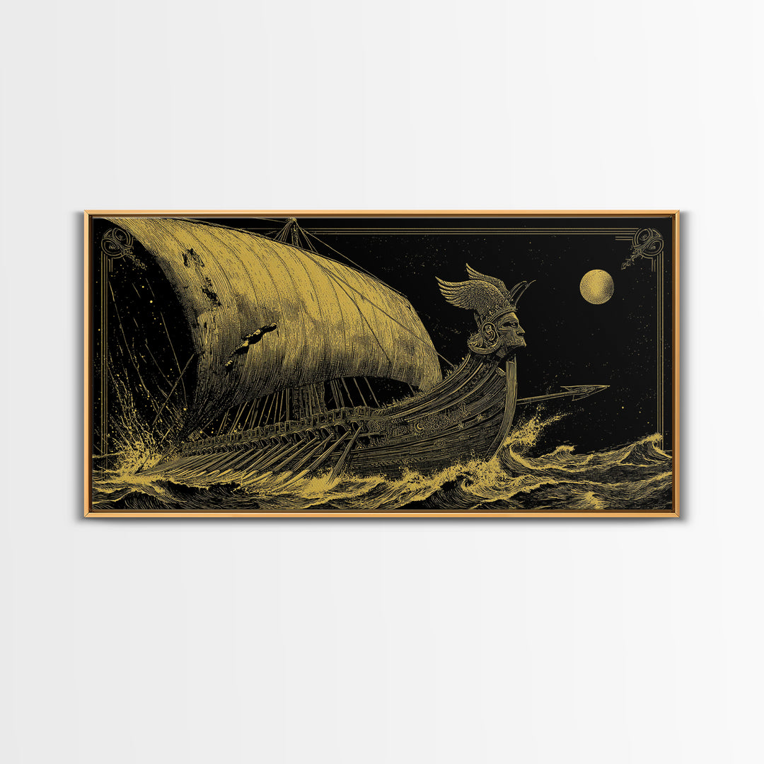 Gold Canvas Print of Ancient Greek Warship at Sea, Detailed Engraving Style and Waves, Wood Framed Map Wall Art for History
