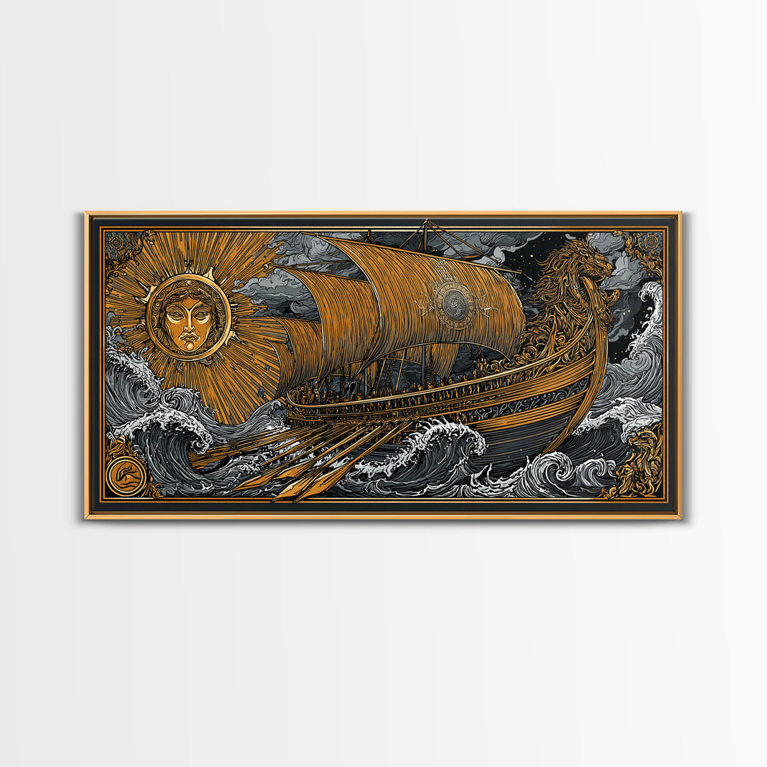 Gold Canvas Art of Sun and Ship Scene, Lion Figurehead and Ocean Waves, Detailed Decorative Style, Wood Framed Map Wall Décor