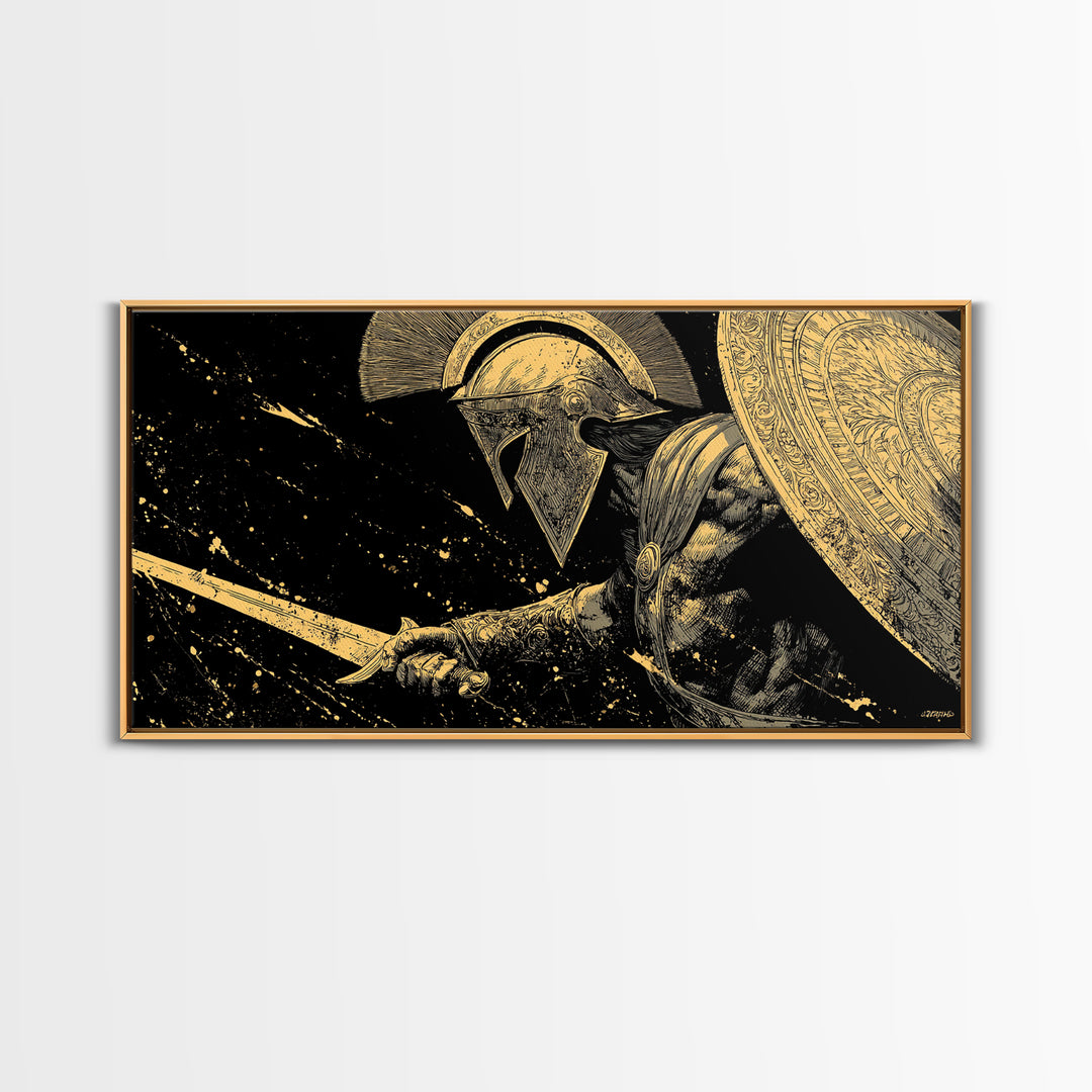 Gold Canvas Print of Spartan Warrior in Battle Pose, Detailed Shield and Sword, Splatter Background, Wood Framed Map Wall Art