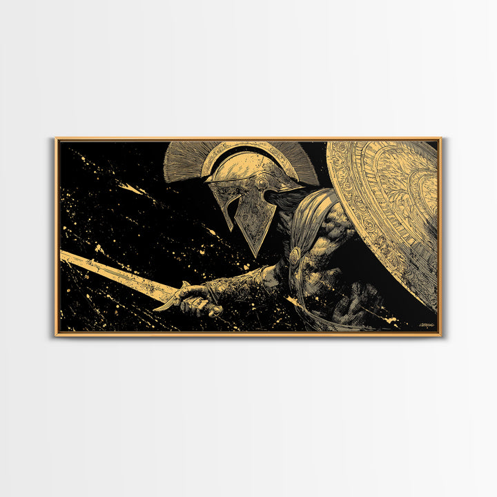 Gold Canvas Print of Spartan Warrior in Battle Pose, Detailed Shield and Sword, Splatter Background, Wood Framed Map Wall Art