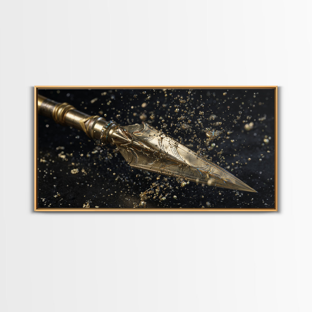 Ornate Golden Spearhead, Gold Canvas Art, Real Wood Frame, Close-Up Weapon Detail, Mythology Inspired Wall Decor