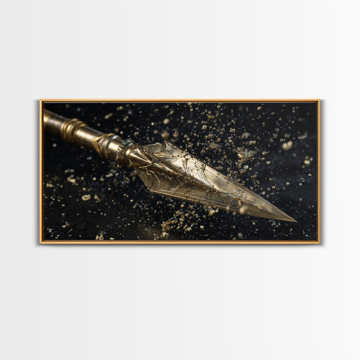 Ornate Golden Spearhead, Gold Canvas Art, Real Wood Frame, Close-Up Weapon Detail, Mythology Inspired Wall Decor