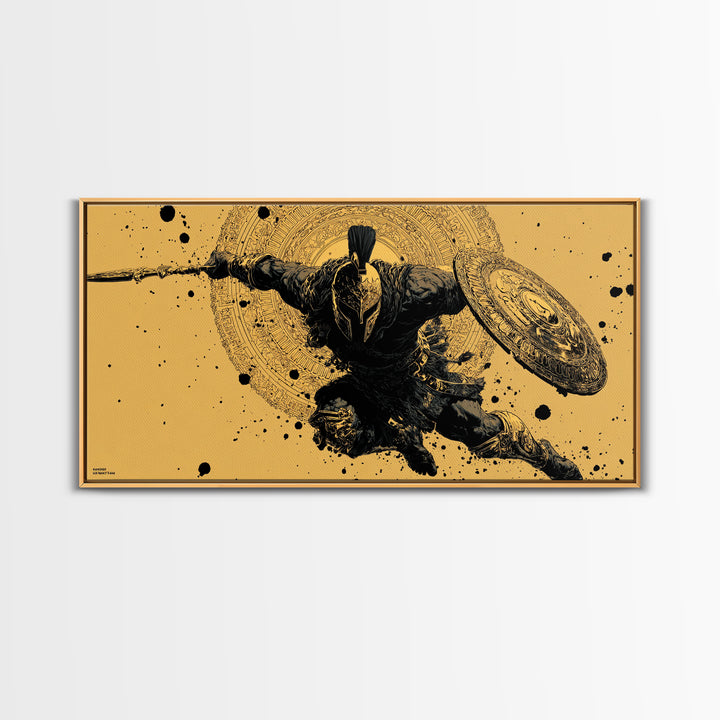 Gold Canvas Art of Spartan Soldier Leaping Forward with Spear and Shield, Decorative Armor and Mandala, Wood Framed Map Wall Décor