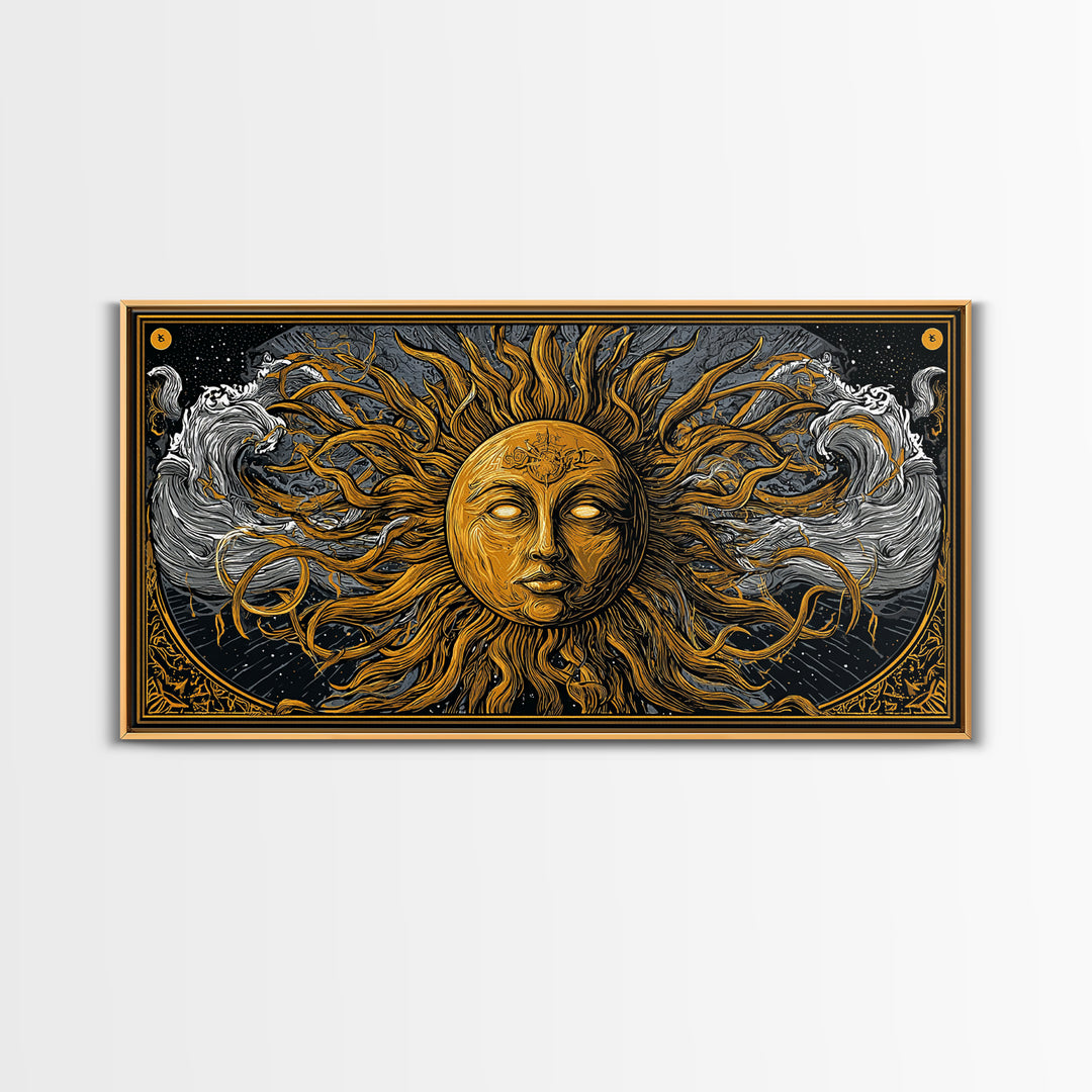 Gold Canvas Print of Sun Face with Flowing Hair and Ocean Waves, Detailed Mythological Design, Wood Framed Map Wall Décor