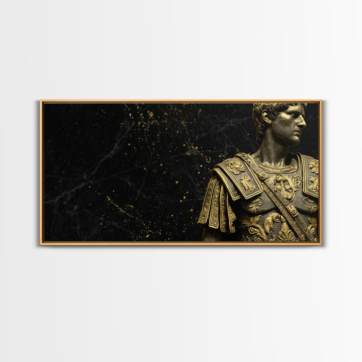 Ancient Roman Emperor Statue Gold Canvas Print, Luxurious Black Marble Background, Classical Warrior Art, Regal Home Decor