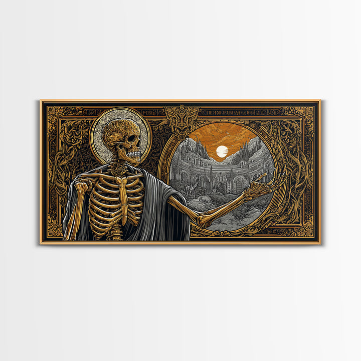 Skeleton Pointing to Ancient Arena Gold Canvas Art, Gothic Medieval Scene, Ornate Frame Design, Dark Fantasy Wall Decor
