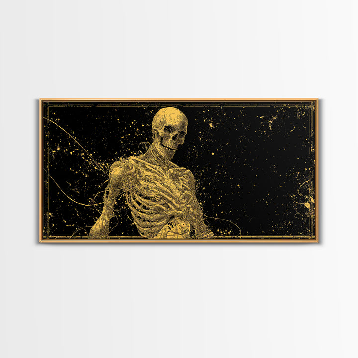 Golden Anatomical Skeleton on Black Starfield Gold Canvas Print, Macabre Anatomy Illustration, Gothic Horror Home Art