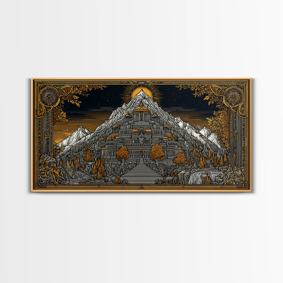 Mythical Mountain Fortress Gold Canvas Art, Grand Palace in Majestic Peaks, Fantasy Landscape Illustration, Epic Home Wall Decor