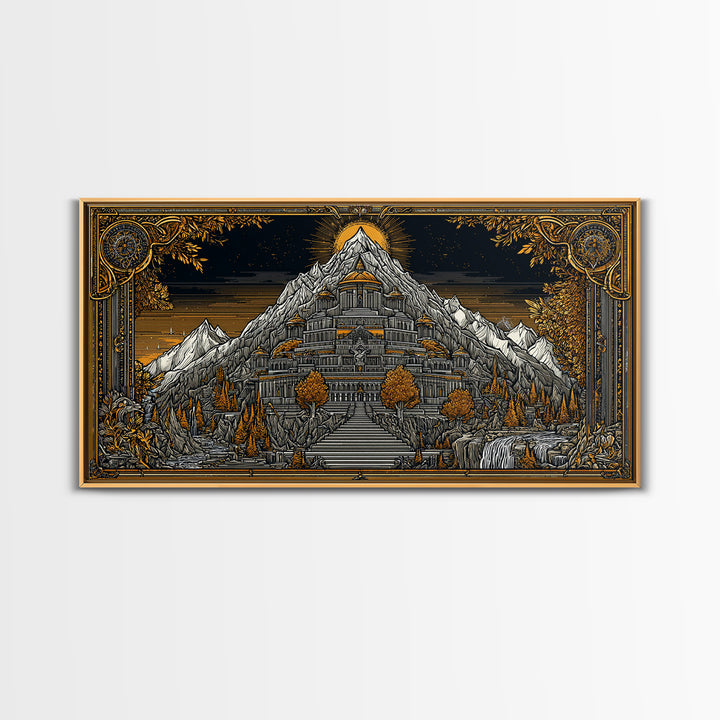 Mythical Mountain Fortress Gold Canvas Art, Grand Palace in Majestic Peaks, Fantasy Landscape Illustration, Epic Home Wall Decor