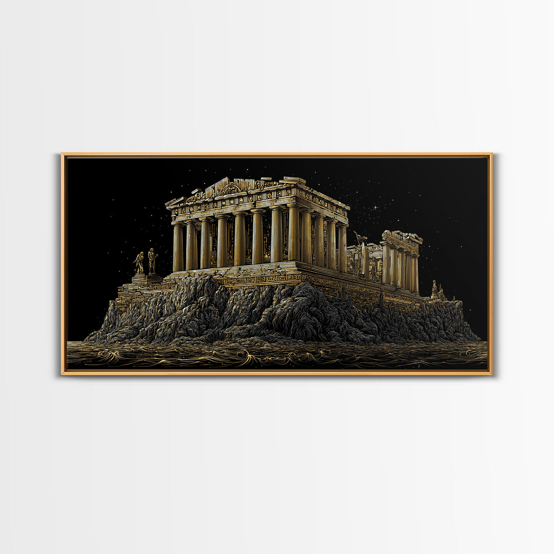 Ancient Greek Temple on Rocky Shore Gold Canvas Print, Classical Architecture Illustration, Historic Landmark Wall Art