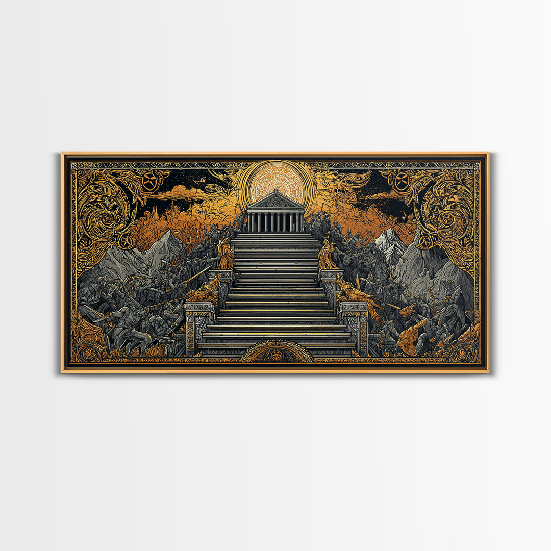Mythic Battle at Temple Stairs Gold Canvas Art, Epic Fantasy Scene, Heroic Warriors and Gods, Dramatic Home Wall Decor