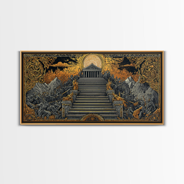 Mythic Battle at Temple Stairs Gold Canvas Art, Epic Fantasy Scene, Heroic Warriors and Gods, Dramatic Home Wall Decor