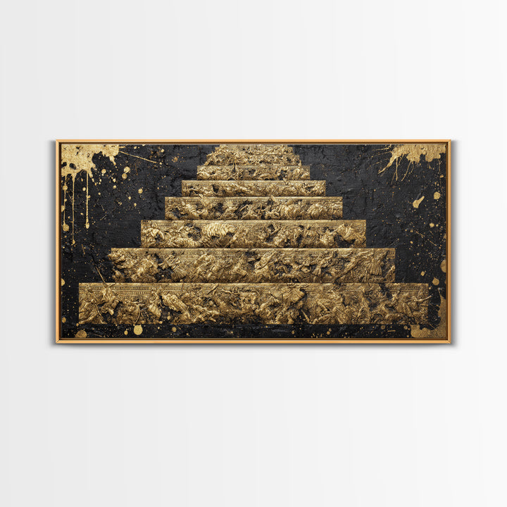 Ancient War Scene on Pyramid Steps Gold Canvas Print, Historic Battle Relief Sculpture, Regal Classical Home Art