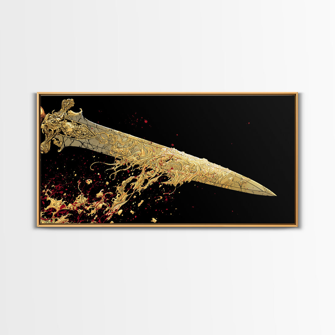 Golden Ornate Sword, Gold Canvas Print, Real Wood Frame, Dramatic Fantasy Weapon Art, Mythology Wall Decor