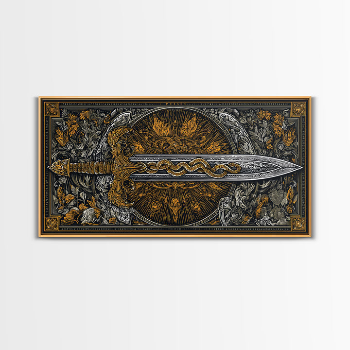 Intricate Sword with Serpent Design Gold Canvas Art, Fantasy Weapon Illustration, Ornate Blade Wall Decor for Collectors