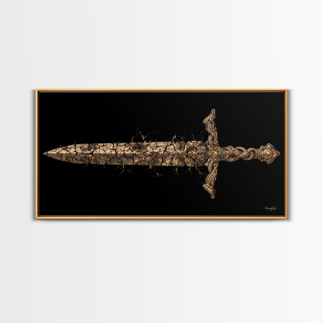 Cracked Ancient Sword Gold Canvas Print, Legendary Fantasy Weapon, Weathered Epic Blade, Gothic Home Wall Art