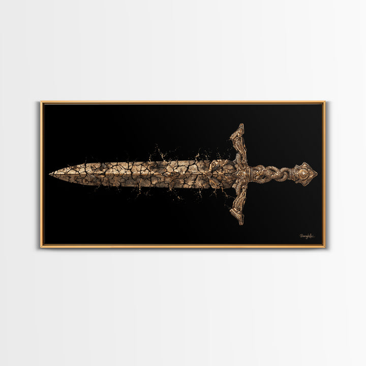 Cracked Ancient Sword Gold Canvas Print, Legendary Fantasy Weapon, Weathered Epic Blade, Gothic Home Wall Art