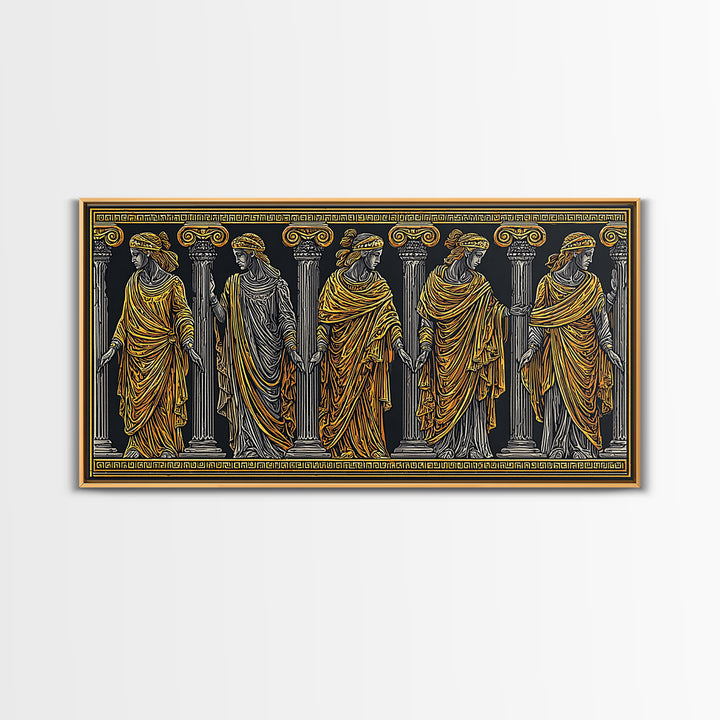 Ancient Greek Caryatid Columns, Detailed Architecture Wall Decor, Gold Canvas Print, Classical Sculpture Artwork