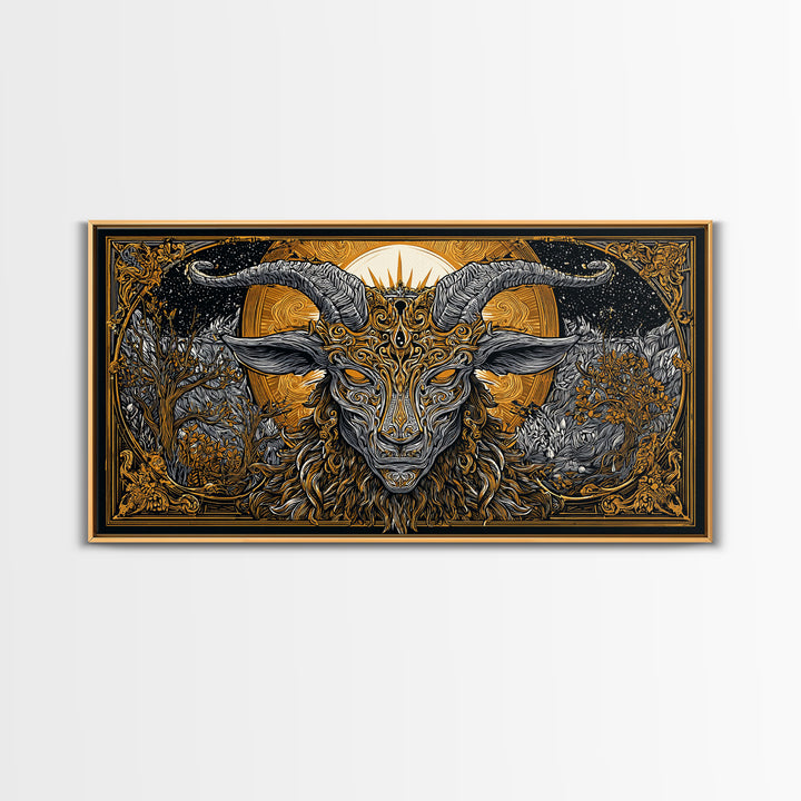 Mythical Goat Head Artwork, Intricate Horned Beast Design, Gold Canvas Art, Fantasy Wall Decor, Dark Gothic Illustration