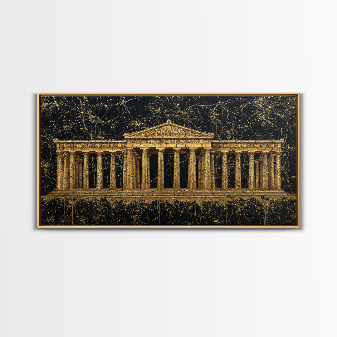 Greek Parthenon Temple Art, Splatter Paint Architecture Print, Gold Canvas Print, Classical Greece Wall Decoration