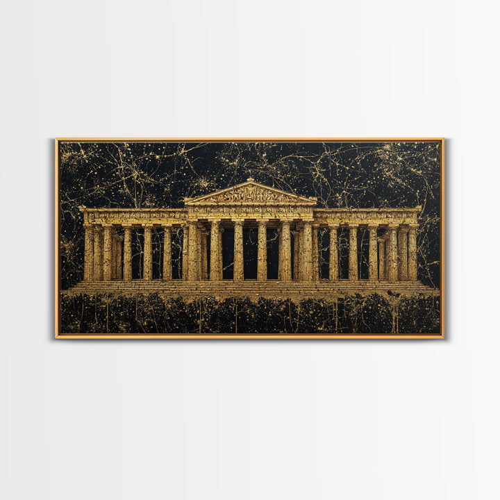 Greek Parthenon Temple Art, Splatter Paint Architecture Print, Gold Canvas Print, Classical Greece Wall Decoration