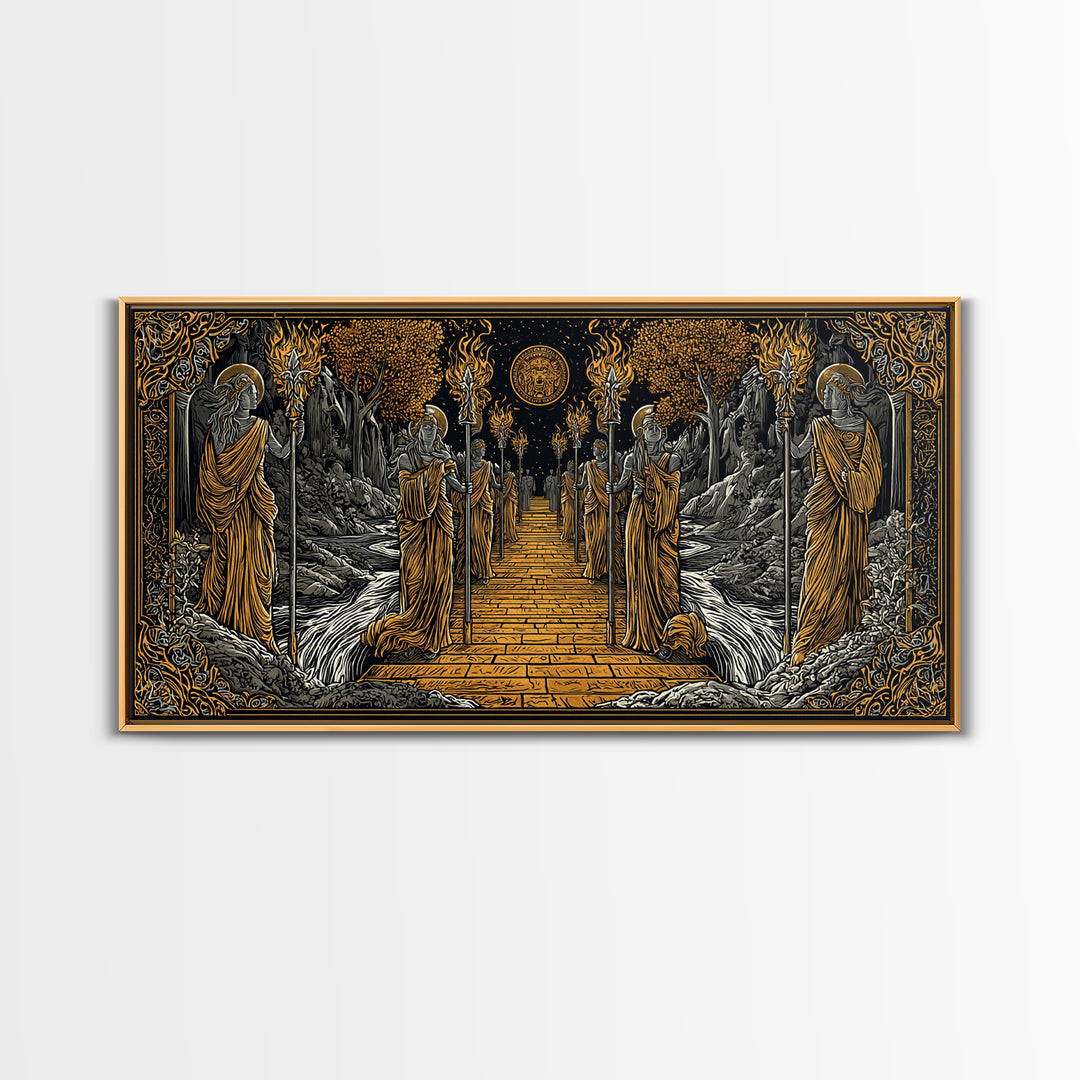 Greek Torchbearer Pathway Scene, Mythic Procession Illustration, Gold Canvas Art, Ancient Greece Wall Decor, Temple Artwork