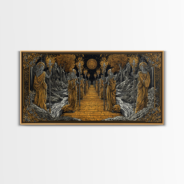 Greek Torchbearer Pathway Scene, Mythic Procession Illustration, Gold Canvas Art, Ancient Greece Wall Decor, Temple Artwork