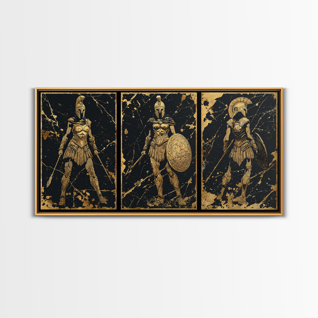Greek Warrior Triptych Print, Spartan Female Soldiers Artwork, Gold Canvas Art, Ancient Greece Wall Decor, Mythic Battle Scene